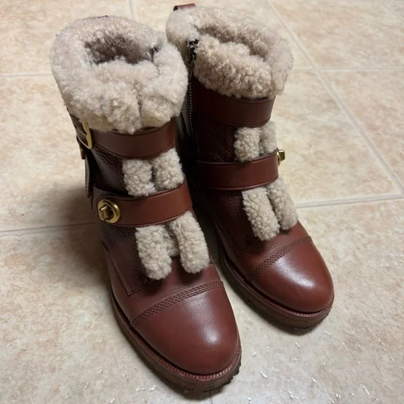 COACH Preston Booties with Genuine Shearling Trim Saddle Brown Size 8 - Picture 3 of 6